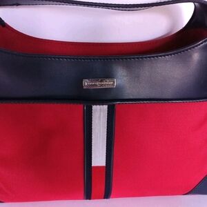 Vtg Tommy Hilfiger Red Canvas Messenger Bag with Black Trim and White Stripe